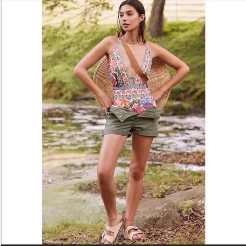 Farm Rio Floral Plunge One Piece Swimsuit V-neck Cross Back Anthropologie M NWT